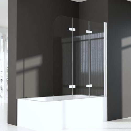 Duschwand für Badewanne 130x140cm Weiß Badewannenaufsatz 3-teilig Faltbar Duschabtrennung Badewanne aus 6mm Gehärtetem Glas mit Nanobeschichtung Faltwand Duschtrennwand