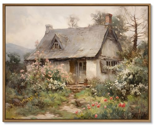 Gardenia Art Framed Old Cottage Wall Art Vintage Landscape Oil Painting Mountain Hut Blooming Wild Floral Canvas Print Country Aesthetic Decor Art for Bedroom Bathroom Living Room Home Décor 12x16