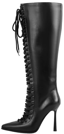 onlymaker front Lace up under The Knee Booties for Women Pointy Toe Stiletto Heels side Zipper Black Knee Boots for Parties Size 11