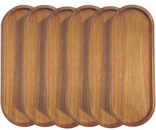 Piatti da portata in legno massello e vassoi in legno naturale con bordo, rettangolari per evitare scivolamenti e fuoriuscite di cibo (piatti ovali in acacia, 6 pezzi)
