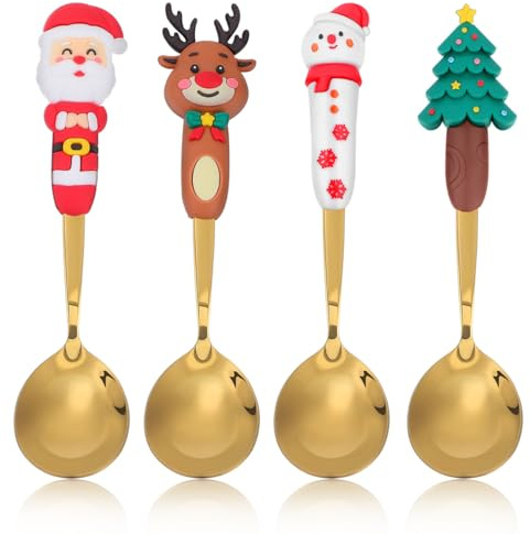 Garneck 4 Stück Dessertlöffel Aus Edelstahl Goldener Kaffeelöffel Weihnachtlicher Rührlöffel Tafellöffel Geschirr, Besteck, Besteck Weihnachtslöffel Goldene Löffel Rostfreier Stahl