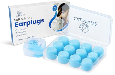 Calmivite BPA-Free Soft Silicone Earplugs - 7 Pairs with Carry Cases - Mouldable Reusable Waterproof - SNR27dB