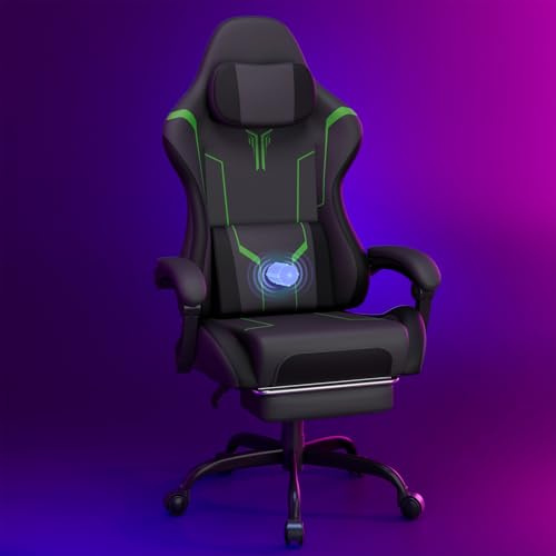 Soontrans Silla Gaming con Masaje Lumbar Silla Gamer con Reposapiés Retráctil y Cojín Sillas Gaming Respaldos Inclinables hasta 135 Grados Capacidad de Carga de 150 kg (Cuero Gris)