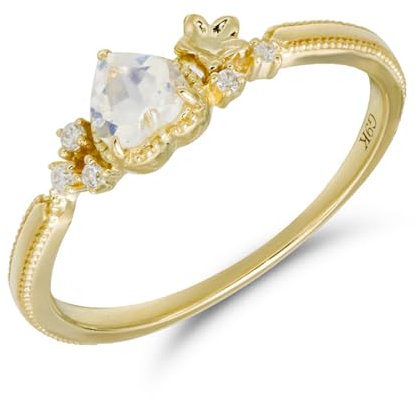 Mesnt 9K Gelbgold Damen Goldring 375 Echtgold mit Herzform Mondstein und Moissanit, Größe 63 (20.1)