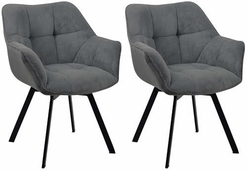 CLP Esszimmerstuhl 2er Set ergonomisch Jordi Cord, drehbar mit Armlehnen, Polstersessel, 4-Fuß-Metallgestell, bis 150 kg, mit Bodenschonern, Farbe:dunkelgrau