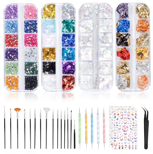 Kiperline 10000PCS Strass Nail Kit, 15 Stk. Nagelpinsel Nail Art Bürsten, 5 Stk. Dotting Pens Dotting Tool Nail Art, 5 Stk. Nail Art Aufkleber, 4 Schachtel mit farbigen Strasssteinen