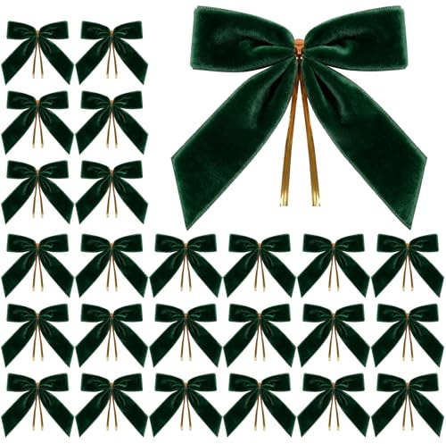 Miaikoe 24 Pcs Velvet Noël arcs pour Arbre de Noël, Guirlande, Cadeau d'emballage, fête, Twist Cravate arcs pour la Maison Décor de Vacances (Largeur de 2,5 cm, 8,9 x 8,9 cm, Vert foncé)