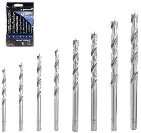 Greywolf 8-teiliges Brad Point-Holzbohrer-Set, HSS-Spiralbohrer-Set für die Holzbearbeitung, Doppelschlitz-Design, robuste Box mit Index, für Holzarbeiter und Heimwerker (3/4/5/6/7/8/9/10 mm)