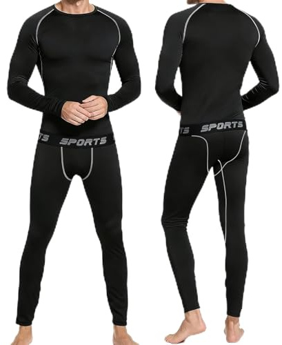 Anluomafuy Ropa Interior Térmica Hombre, Funcional Conjuntos Térmica Transpirable Cálido Camiseta, Elástica Deportivos Capa Base, Invierno Termicas Manga Larga para Invierno Esqui (Negro, L)