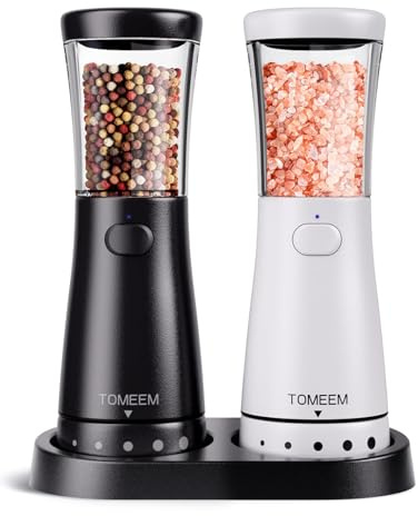 TOMEEM Lot de 2 moulins à sel et à poivre électriques en acier inoxydable (rechargeables, éclairage LED, avec broyeur en céramique réglable, brosse de nettoyage)