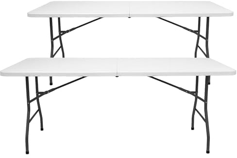 MARCPRINT - Mesa Plegable 180 x 70 cm para Interior y Exterior, Carga 150 kg Asa de Transporte Plegado por la Mitad, Patas de Acero Altura 74 cm, para Camping, Eventos, Resina HDPE Blanco - 2 Pack