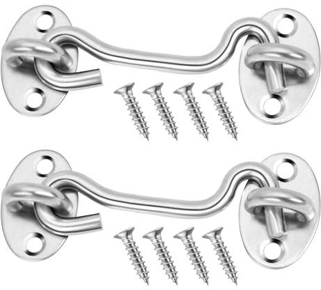 Qcdou Hook and Eye Latch, 2 PCS 4 Inch Cabin Hook, Stainless Steel Gate Latch, Heavy Duty Door Latch with Mounting Screws, Door Locks for Bedroom, Bathroom, Garden and Window(Silver)