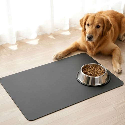 Napfunterlage Hund 40x60cm, rutschfeste & Fleckenfreie Fütterungsmatte für Futter- und Wassernäpfe, Leicht zu Reinigen, Ideal für Hunde und Katzen, Küche und Flur(Dark Grey)