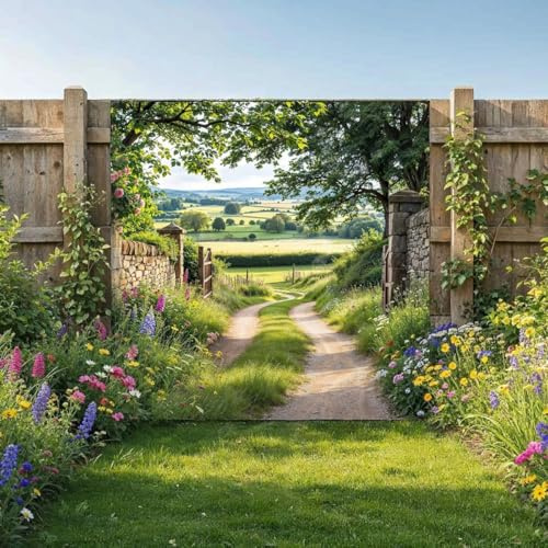 Country Lane Garden Mural Curtain Stone Gate Countryside Wall Art, Outdoor Fence Panel, Decorative Tapestry, Rural Home Decor, Landscape Pathway Design, Floral Backdrop, Scenic Garden Wall Hanging