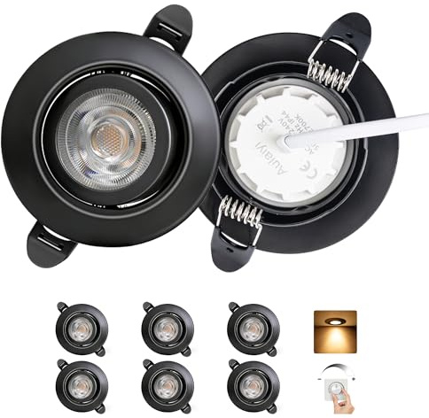 Aulaiyi LED Einbaustrahler 230V Dimmbar 68mm 5.5W IP44 LED Spot Ultra Flach | 45° Schwenkbar Deckenspots, 2700K Warmweiß Einbauleuchten, Spots Deckenleuchte für Bad Wohnzimmer Küche, Schwarz 6er Set