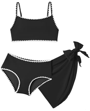 Arshiner Flickbikiniset 3-delad sportbikinitopp hög midja bikinibyxor med cover up barnbadkläder snabbtorkande elastiska badkläder för strandpool, 6–13 år