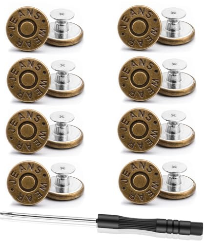 15 botones de repuesto para pantalones, 17 mm, sin costura, ajustables, de latón, botones de mezclilla con destornillador, botones de metal para pantalones para reparar vaqueros