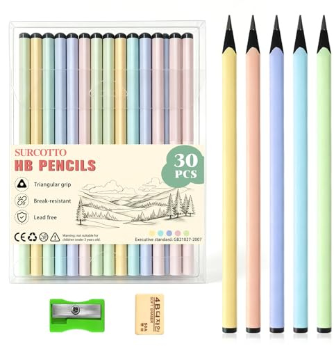 Surcotto Lápices HB, 30 unidades de lápices con goma de borrar y sacapuntas, lápiz triangular negro de madera para escribir, dibujar en la escuela y en casa