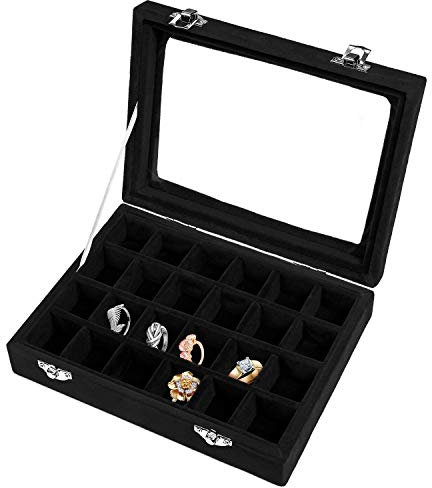 BASUWELL 24 Grid Velvet Jewelry Tray for Drawers Glass Clear Lid Showcase Display Storage Ring Trays Holder Earrings Organizer Case-Black