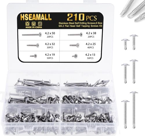 HSEAMALL Vis taraudeuses autoperceuses, vis à métal autotaraudeuses en acier inoxydable, vis à tête fraisée à tête plate pour fixation en bois en tôle, 6 tailles 210PCS