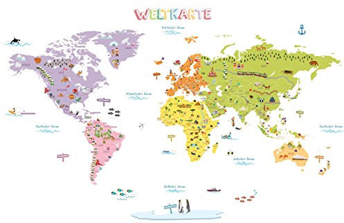 DECOWALL DMT-1306DE Deutsch Farbenfrohe Bunt Weltkarte Wandtattoo Wandsticker Wandaufkleber Wanddeko für Wohnzimmer Schlafzimmer Kinderzimmer (Groß)