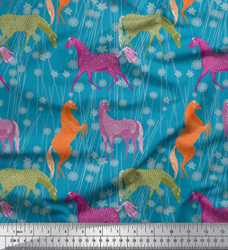 Soimoi Blau Baumwoll-Voile Stoff Blumen & Pferd Tier Stoff Meterware 42 Zoll breit