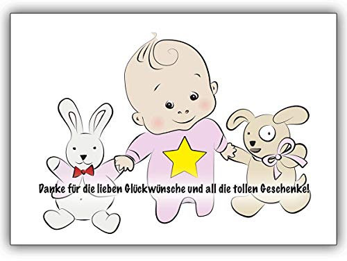 16 Babykarten: Süße Dankeskarte für die Glückwünsche zur Geburt mit Baby Girl und Stofftieren • edle Klappkarte mit Umschlag zum bedanken, geschäftlich & privat