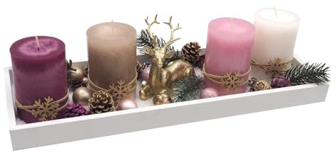 ZauberDeko Adventsgesteck Weihnachten Weihnachtsdeko Tablett Hirsch Gold Rosa Beere Deko 40cm