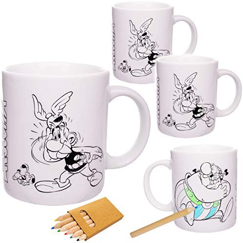 alles-meine.de GmbH 4 TLG. Set Kaffeetassen/Henkeltassen - Asterix - Obelix - Idefix - Porzellan/Keramik - groß - 340 ml - zum Bemalen inkl. Buntstifte - Teetasse - Tasse -..