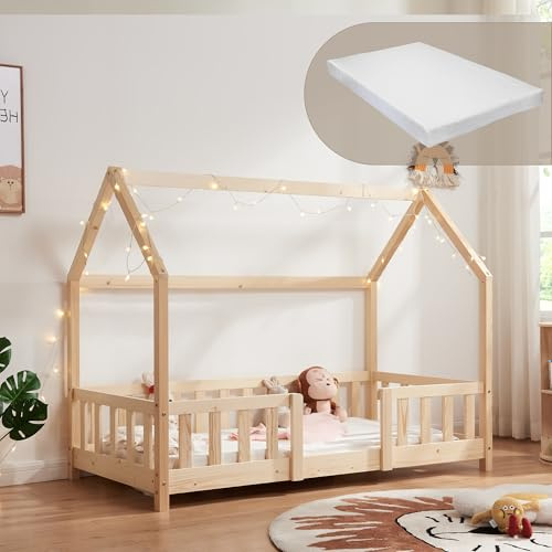 [en.casa] Kinderbett Sisimiut mit Matratze 80 x 160 cm Hausbett Montessori mit Rausfallschutz Holzbett für Kinder Bodenbett Lattenrost Kiefernholz Holzfarben