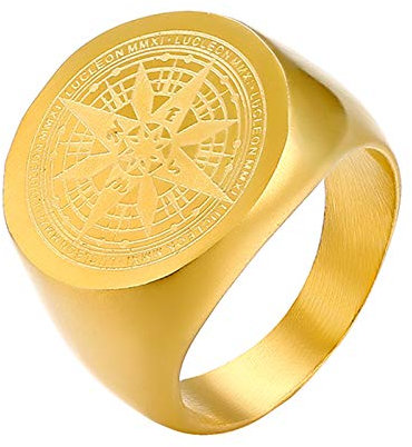 JewelryWe Kompass Ring Siegelring Herren: Gold Edelstahl Navigator Runde Fingerring mit Kompassnadel Design Vintage Maritimer Schmuck Geschenk für Männer Abenteurer Größe 65