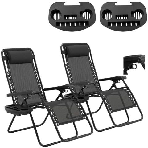 Aspect Garden Chairs | Zero Gravity Chair | Set of 2 | Sun Lounger | Reclining Garden Chairs | Folding Chair with Cup Holder and Headrest Pillow(Black)