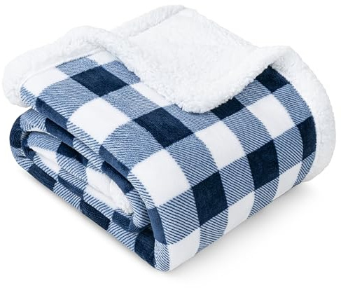 PAVILIA Manta de sherpa a cuadros blancos y azul marino para sofá, manta de franela suave y mullida para cama, manta de forro polar a cuadros de felpa y cobijas, regalo de manta cálida y gruesa de