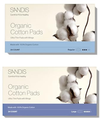 SANDIS Feminine Pad for Women - 100% Organic Cotton Ultra Thin with Wings for Periods Menstrual Pads Sanitary Napkins Leak Protection Super Absorbency Bundle Regular+Large