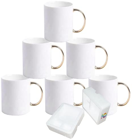 MR.R Lot de 6 blancs de sublimation de qualité AAA Passe au lave-vaisselle en céramique blanche avec poignées dorées 11 oz Tasse à boire classique pour lait, thé, cola, eau