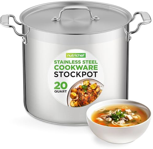 NutriChef Stainless Steel Stock Pot with Lid, 18.9L Big Stockpots for Stew, Soup, Pasta, Meat- Induction Ready, Large Cooking Pot with Ergonomic Handles