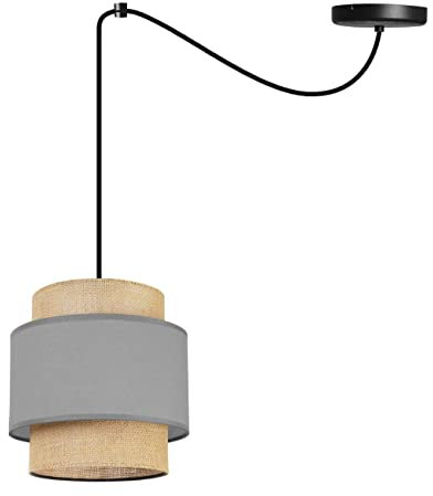 Light-Home Boho Hängelampe - Rattan Lampe - Deckenlampe für Wohnzimmer Schlafzimmer und Esszimmer - Pendelleuchte aus Metall mit Lampenschirm aus Stoff - E27-1-Flammig - Grau und Jute