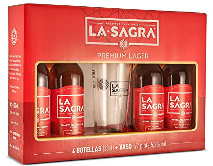 La Sagra - Pack 4 Cervezas de 330 ml de La Sagra Lager- Alc. 5,2% Vol. - Pack de 4 botellas 33cl + vaso 1/2 pinta - Total: 1320 ml