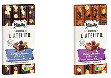 Nestlé Les Recettes de L'Atelier - Tablette chocolat noir myrtilles, amandes et noisettes - 170g & Tablette chocolat au lait raisins, noisettes et amandes - 170g