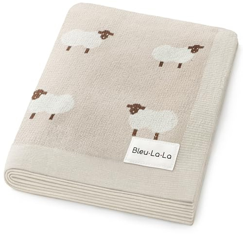Bleu La La Baby Swaddle Blanket - 100% Luxury Cotton Knit Soft Cozy Lightweight Unisex Receiving Stroller Quilt Blanket for Shower Gift Registry for Newborns Infants Toddlers (Sheep - Khaki)