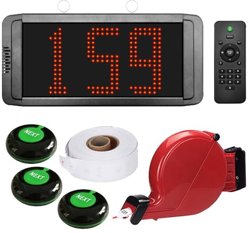 Kit Eliminacode Digitale Completo (000-999) | Chiamta Numeri Fila 3 Cifre per Coda | Display +Telecomando +Chiocciola +1 Rotolo +3 Pulsanti | Per Negozio,Supermercato,Banco,Gastronomie,Ambulatoro