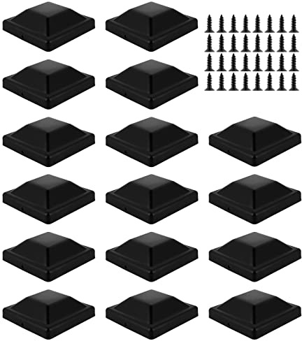 Beenle-Icey 16Pcs Fence Post Caps 3.5inch Black Deck Post Caps with 32 Screws Waterproof Outdoor Reusable Fence Post Cover Plastic Square Fence Poles Caps