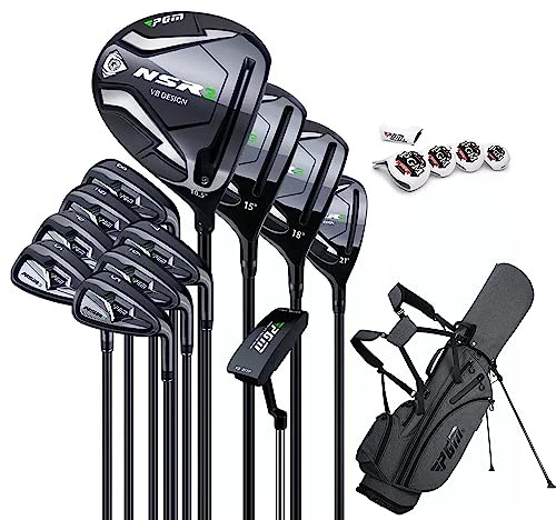 PGM MTG033-2 - Juego Completo de Palos de Golf para Hombre, 12 Piezas, 3 de Madera (#1,3,5), 1 híbrido (#4H), 6 hierros (#5,6,7,8,9,PW), 1 cuña de Arena (52°), 1 Putter - Bolsa de Golf con Soporte -