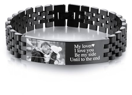 INBLUE Personalisiertes Armband für Papa Männer Gravierte Namen Text Foto Herren Gliederarmband Geschenk zum Vater Ehemann Opa Sohn Freund (B: Schwarzes - Foto & Text)