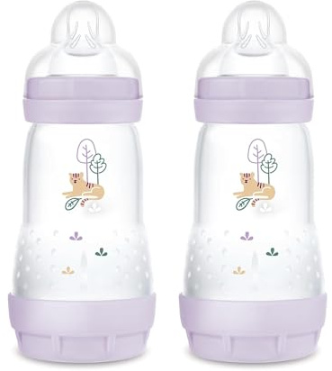 MAM Easy Start Anti-Colic babyflaska i en uppsättning om 2 (260 ml), särskilt väl accepterad mjölkflaska, babyvattenflaska med golvventil mot kolik och nappstorlek 1, 0+ månader, tiger