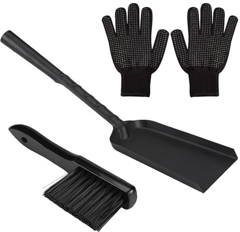 Strapazierfähiges Metall-Kamin Ascheschaufel und Bürsten-Set, verbesserte Kohlenschaufel und Herdbürsten-Set, große Kamin-Feuerstelle-Werkzeuge mit Silikonhandschuhen für Holzofen, Herdreinigung