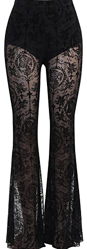 Pantaloni da donna con fondo a campana in pizzo leggings svasati tinta unita pieghettato a vita alta maglia velata gotico punk hippie scava fuori