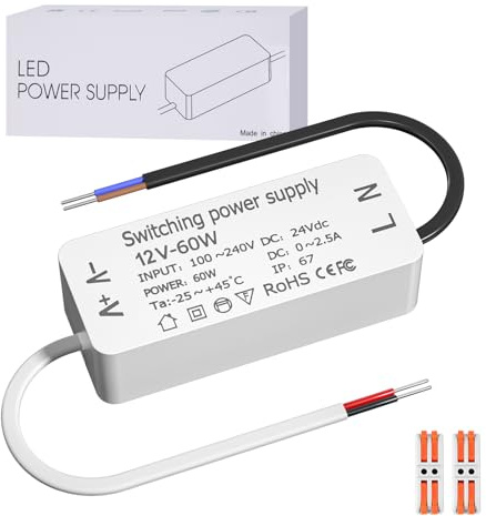 Luxvista Trasformatore LED 60W AC 220V a DC 12V, IP67 Impermeabile, 5A, Uscita Senza Sfarfallio, Protezioni Multiple, 100-240V AC a 12V DC