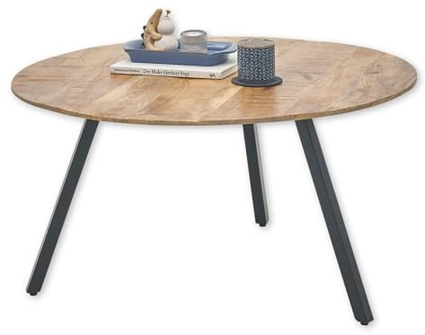 GLORIA Couchtisch Massivholz Mango rund - Hochwertiger Sofatisch mit schwarzem Metallgestell - 80 x 40 x 80 cm (B/H/T) | 80 x 40 x 80 cm (B/H/T), Naturbelassene Tischplatte aus Mangoholz mit individueller Maserung, Wohnzimmertisch
