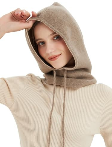 Reine Kaschmir Strickmütze Kapuzenschal für Damen Herren, Outdoor Winddicht Warme Kapuze Loop Schal, Stilvolle Winter Sturmhaube mit Verstellbarem Kordelzug, Ski Rad Beanie Hut Schal Set Coffee